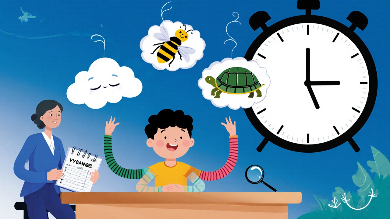 A child juggling three symbolic ADHD medications—cloud, bee, and turtle—while a therapist tracks symptoms with a journal.