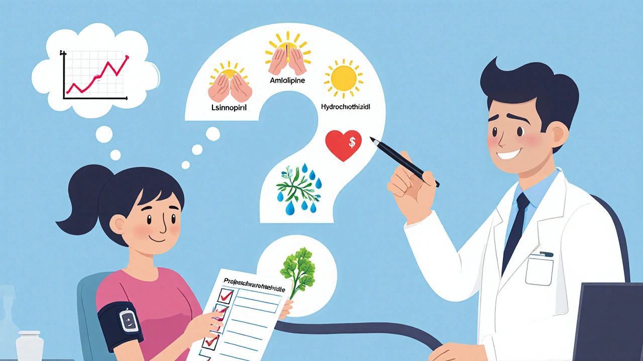 A patient holds a checklist of symptoms as pill options transform into symbolic treatments beside them in a doctor&#039;s office.