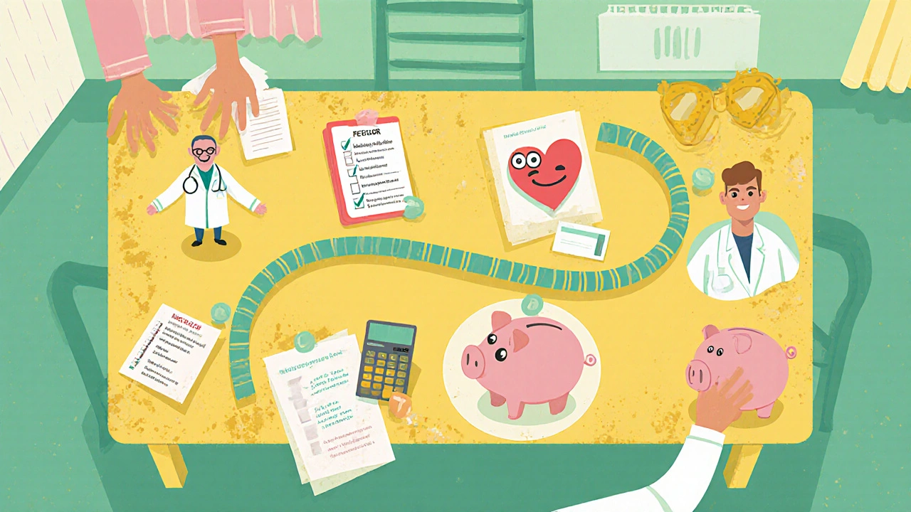 Animated checklist on a table with characters representing efficacy, ICER, side effects, insurance, assistance, and joint decision.