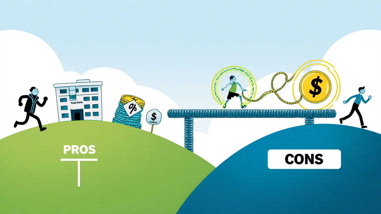 Animated pros and cons scale with happy icons for benefits and caution symbols for risks of digoxin.