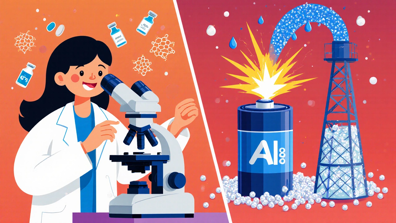 Animated split scene showing nano aluminium hydroxide for vaccines and a battery with water treatment tower.