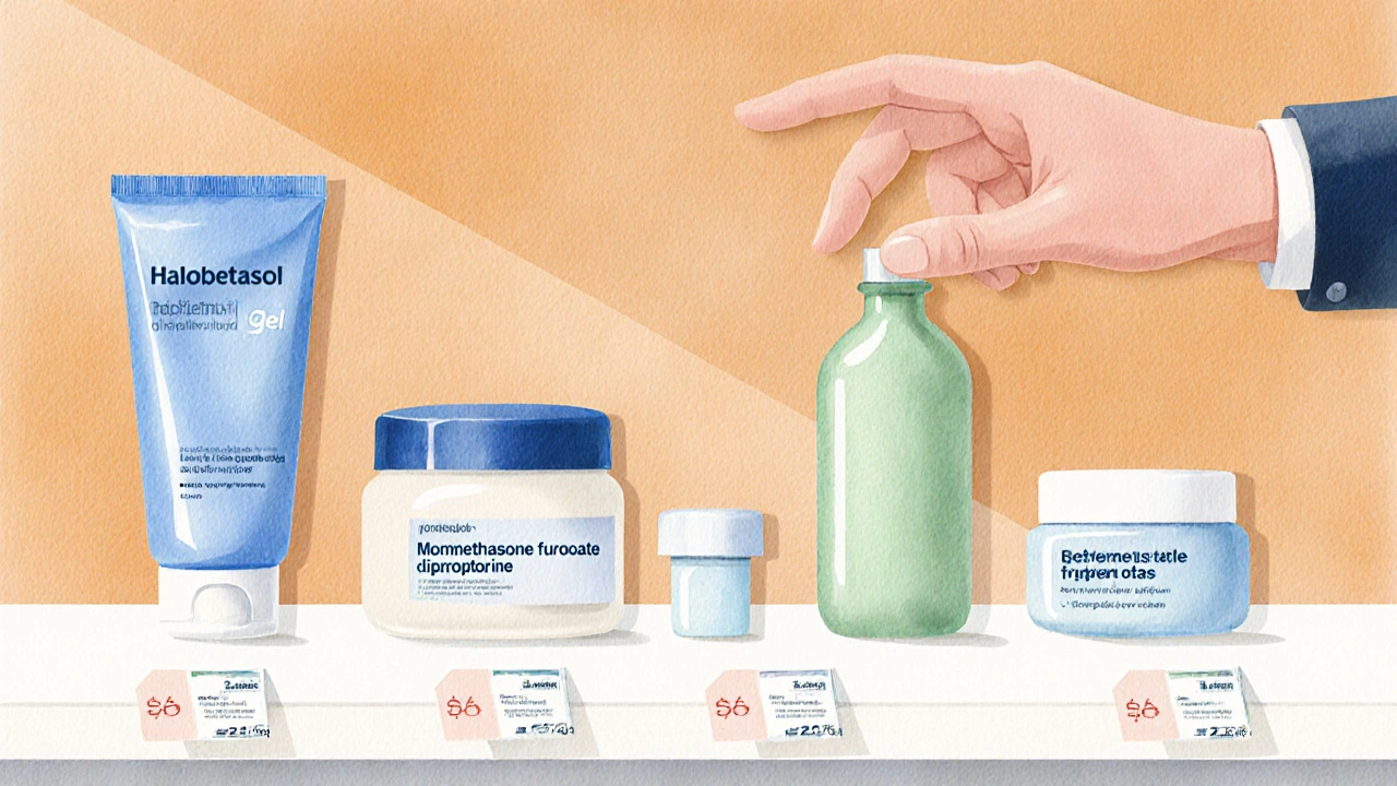 Array of topical medication tubes representing steroid alternatives on a pharmacy counter.