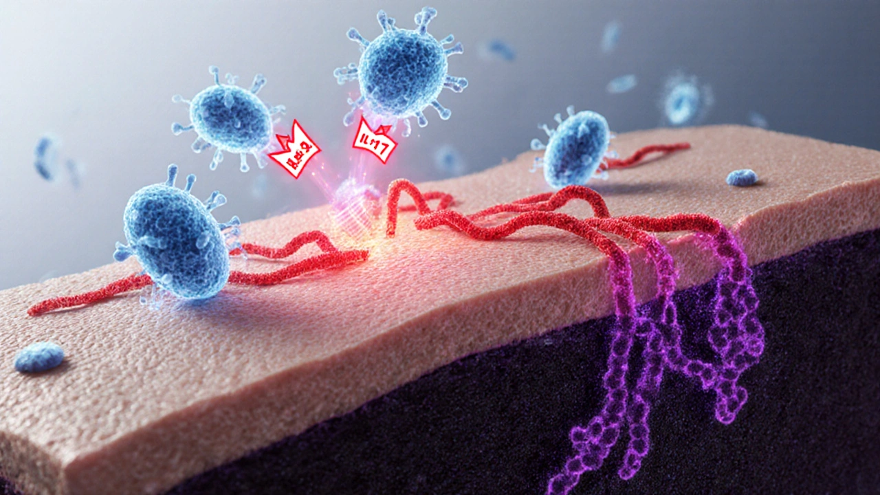Artistic scene of T‑cells battling fungal hyphae, illustrating immune‑driven pigment changes.