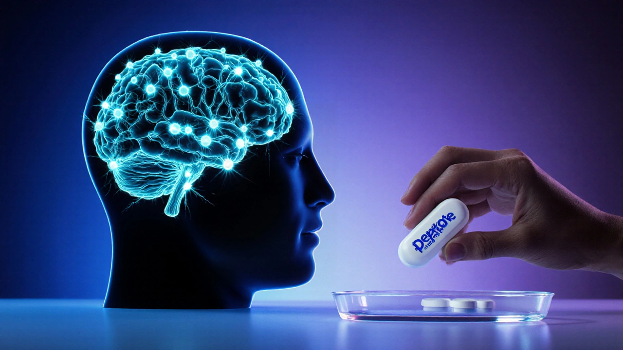 Brain illustration with glowing GABA molecules and a Depakote tablet emphasizing seizure control.
