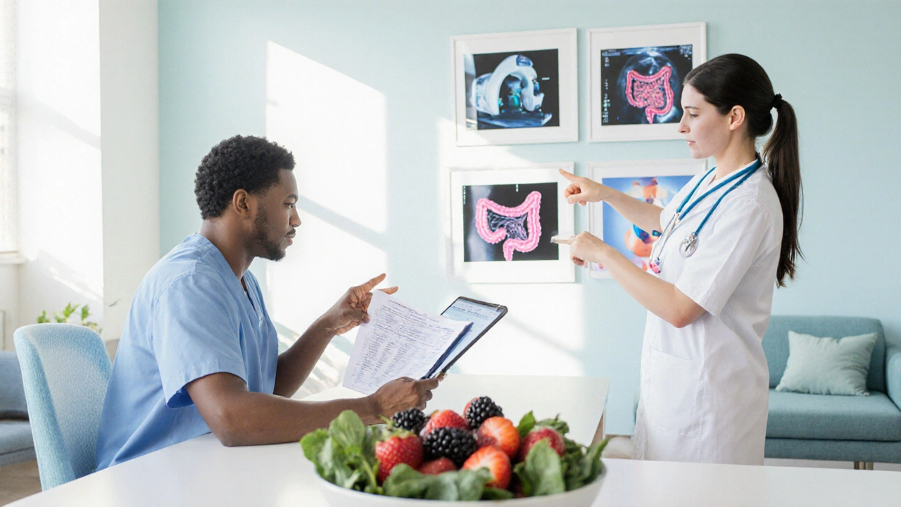 Calm clinic scene with patient reviewing labs, screening tools, and healthy foods nearby.