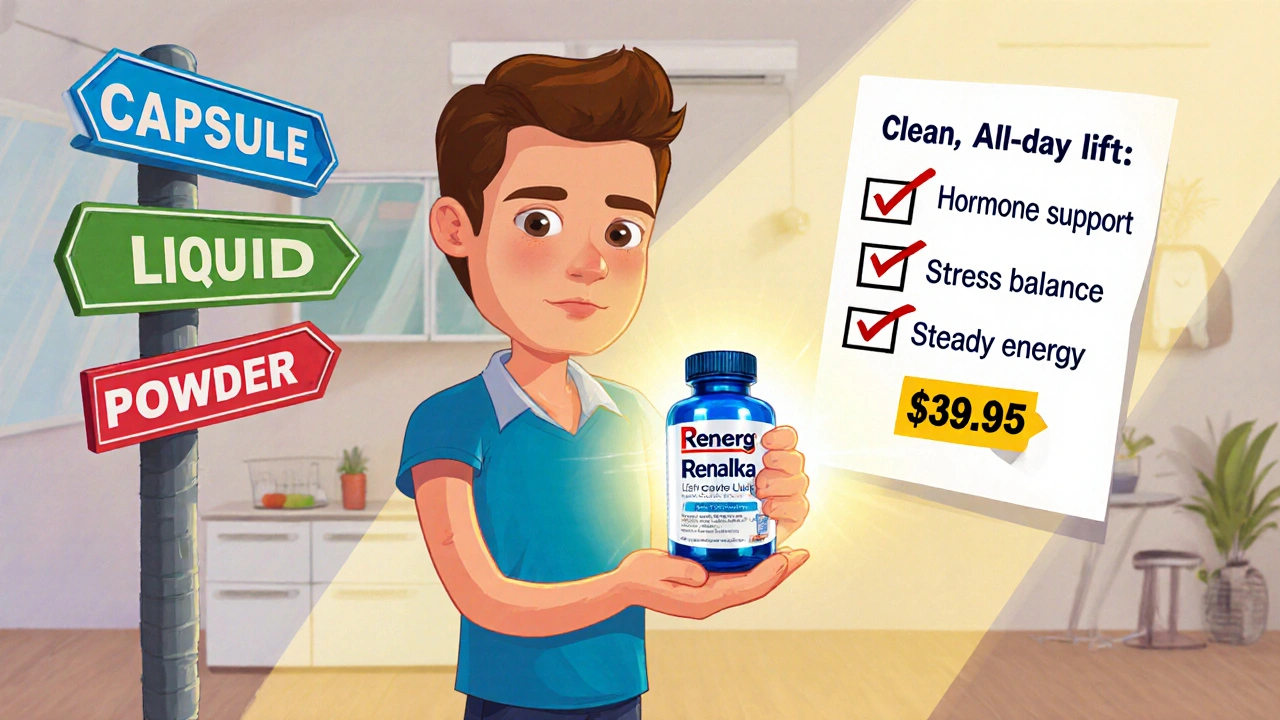 Cartoon adult at a crossroads holding Renalka bottle with a checklist of its benefits.