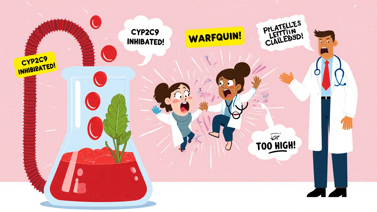 Cartoon beaker overflows with blood as Dong Quai and warfarin shake hands, causing platelets to flee.