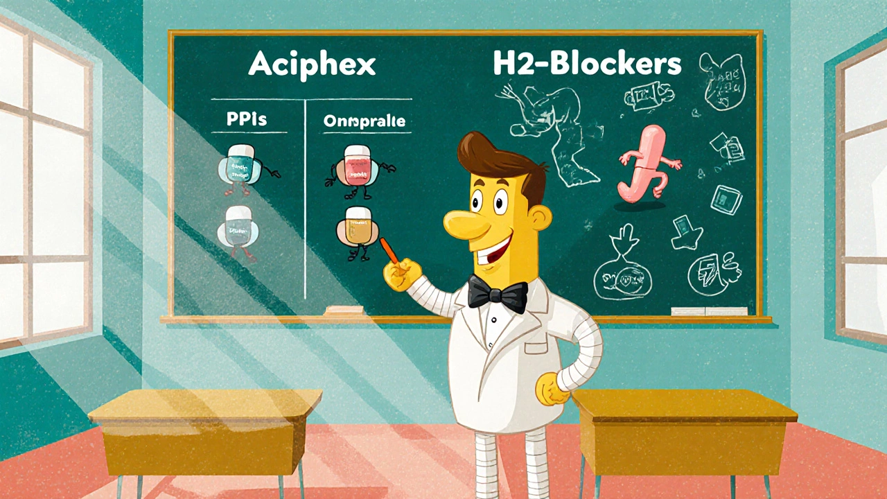 Cartoon classroom shows professor comparing PPI and H2‑blocker pill characters on a chalkboard.