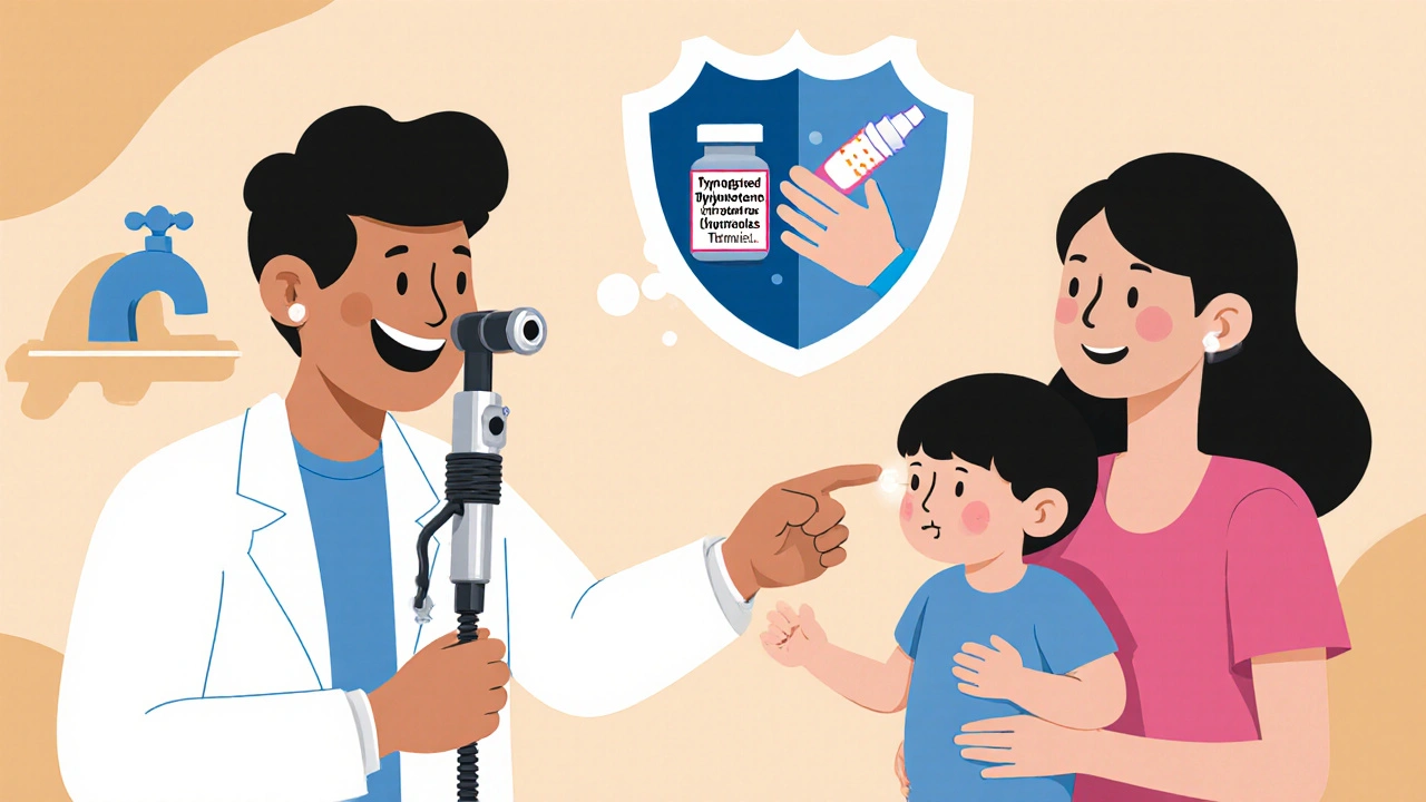 Cartoon doctor with otoscope, breastfeeding baby, and glowing tympanostomy tube representing prevention.