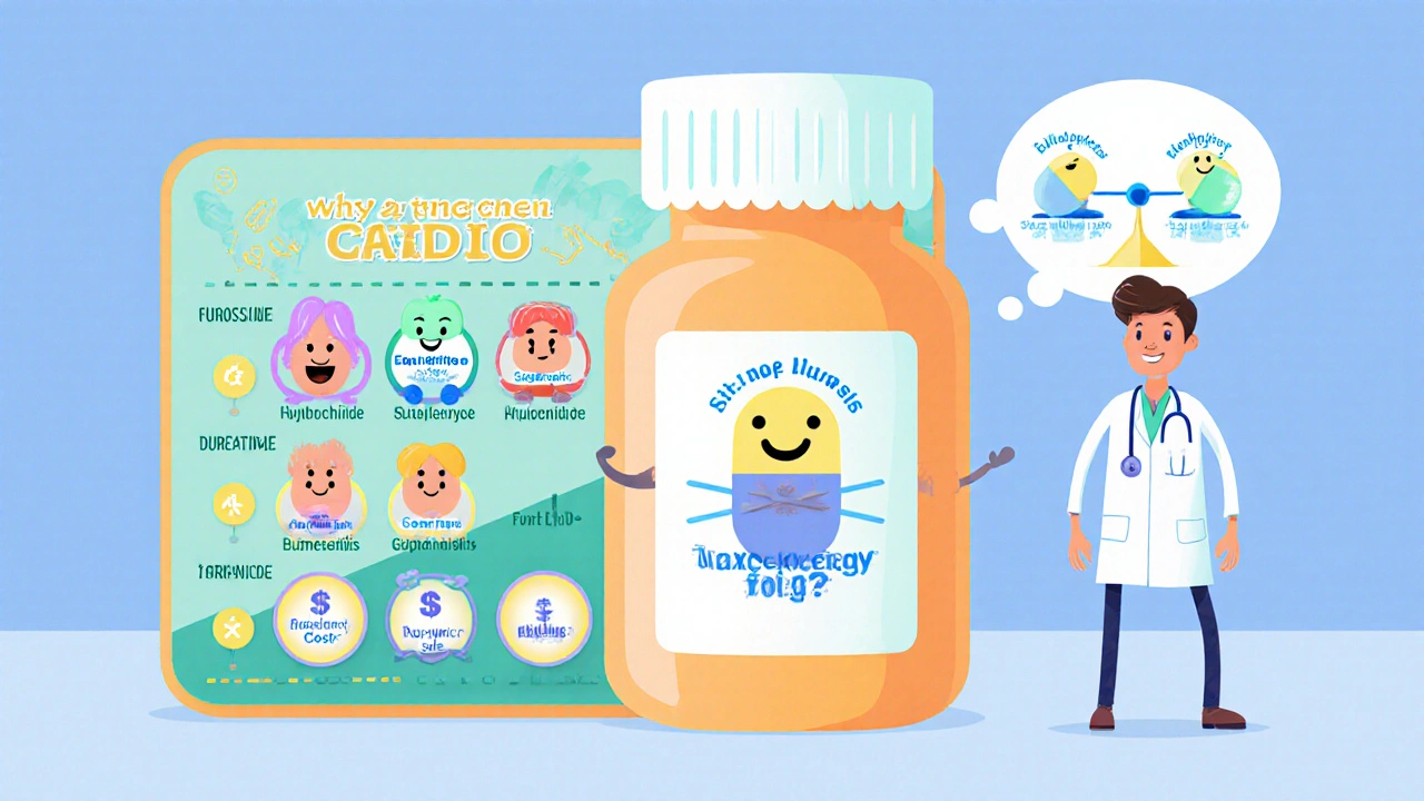 Cartoon doctor with thought bubble choosing among colorful diuretic pill characters on a decision board.
