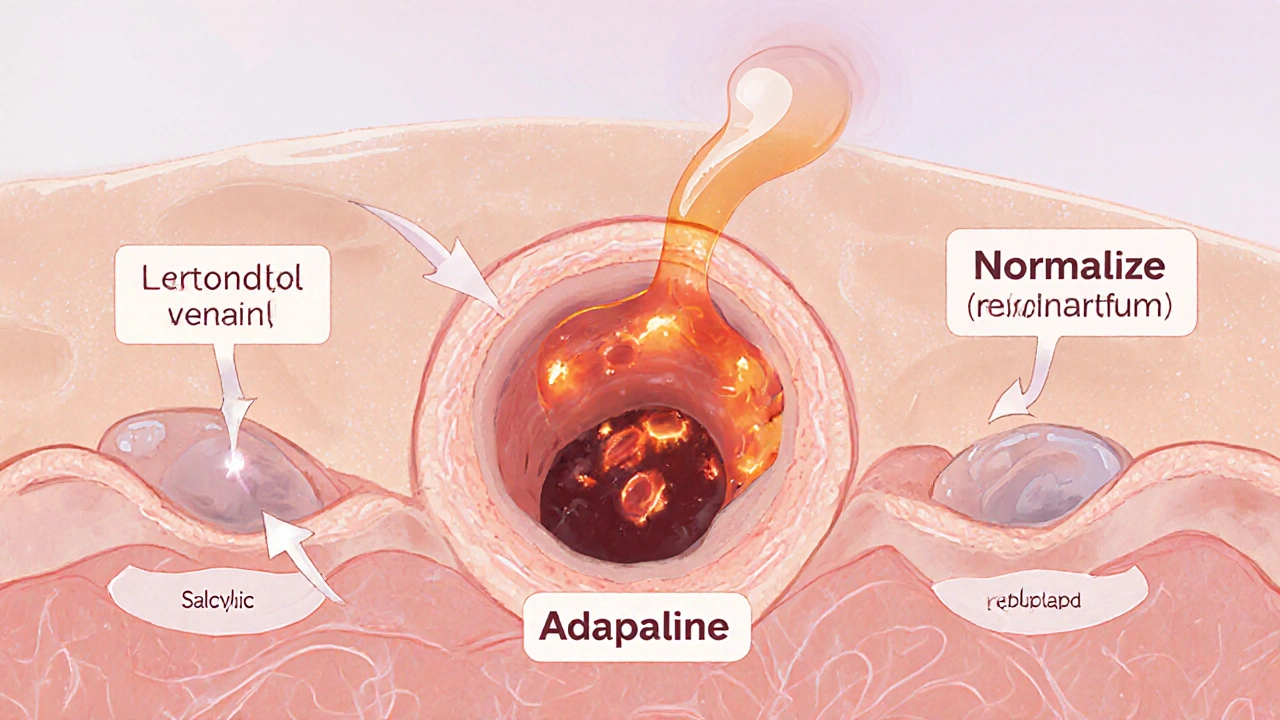 Cross‑section of skin pores showing benzoyl peroxide killing bacteria and other acne actives.