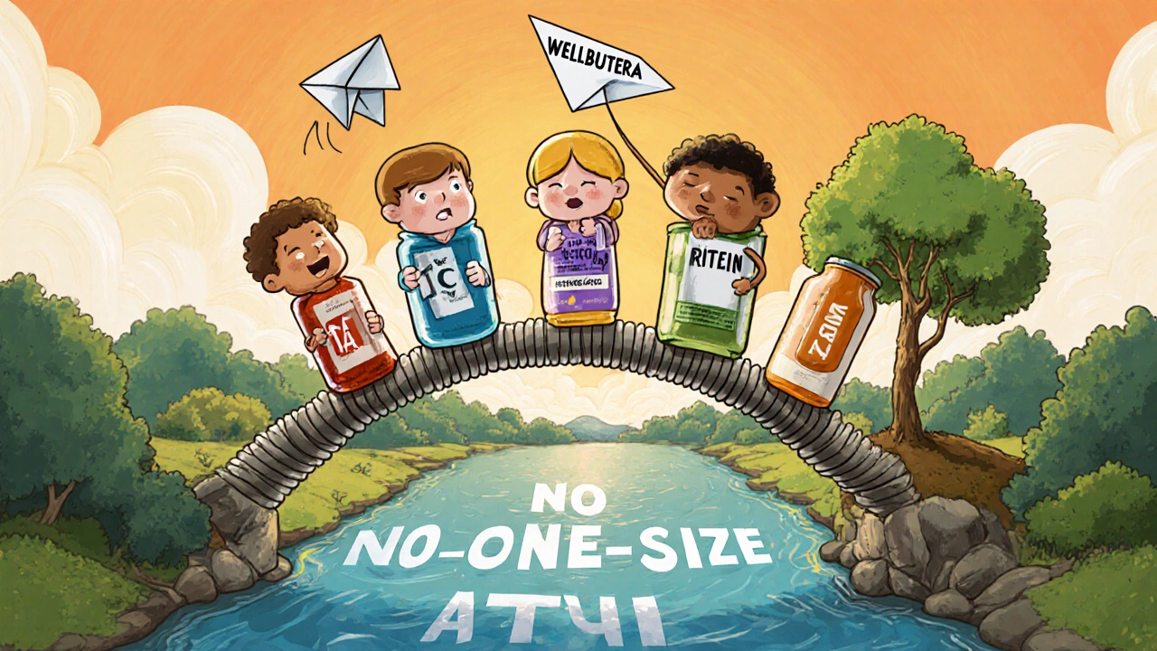 Diverse people on a pill bridge, tossing a CBT airplane and planting an exercise tree under a sunset, symbolizing personalized ADHD care.