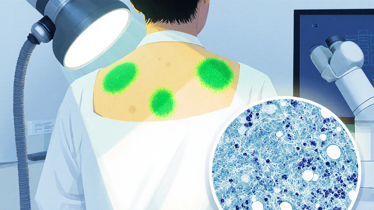 Doctor examines glowing skin under Wood’s lamp while a microscope shows fungal hyphae.