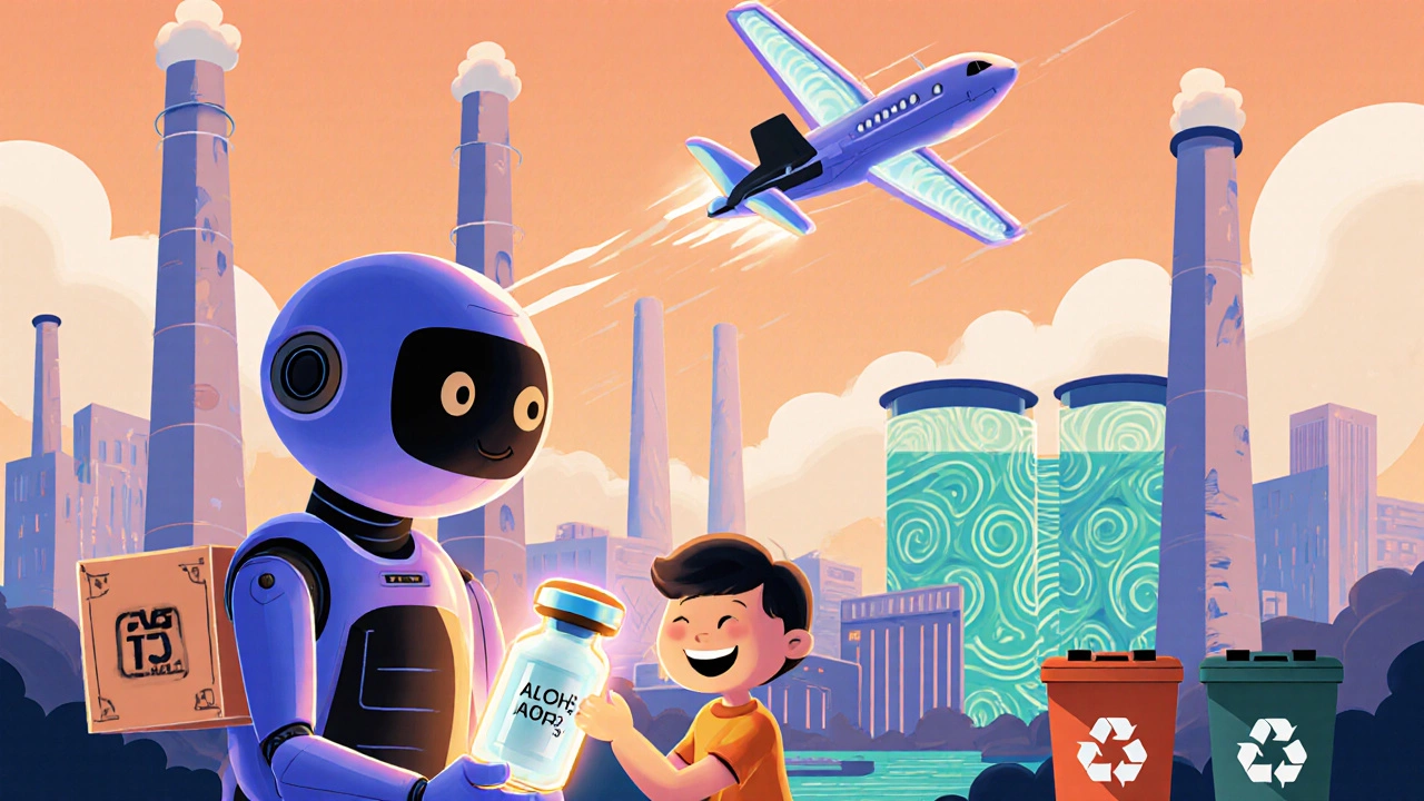 Future city cartoon with robot delivering Al(OH)3 vaccine, electric aircraft, and water treatment plants.