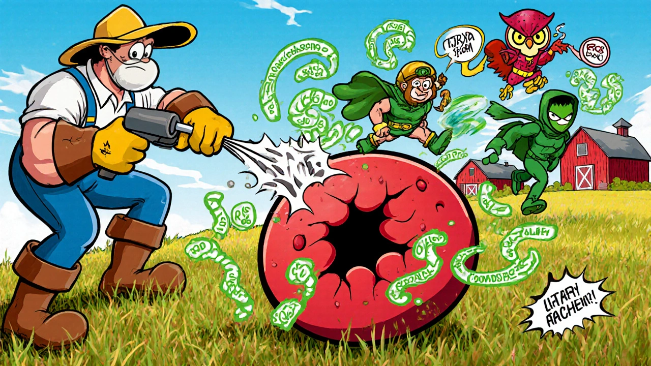 Goofy farmer sprays cartoon pesticides as nutrient superheroes defend cracked red blood cells.