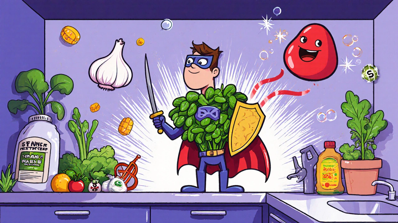 Health hero with veggie shield and mask helps a happy red blood cell rise amid organic garden.