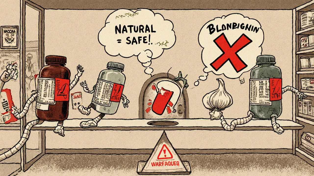 Herbal supplements dance on a seesaw with warfarin, tipping into an emergency room door.