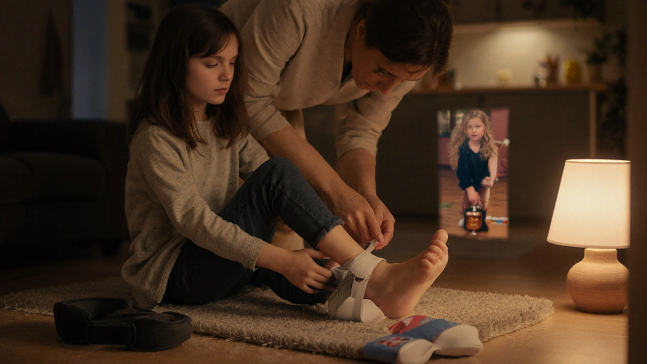 Home scene of child stretching with parent, orthotic splint nearby, and practicing daily tasks.
