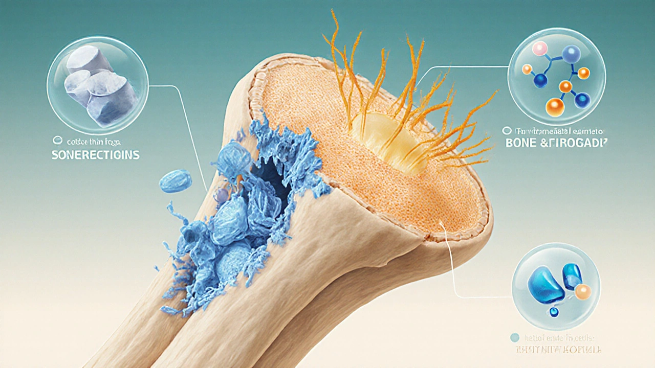 Illustrated bone cross‑section showing osteoclasts and osteoblasts at work.