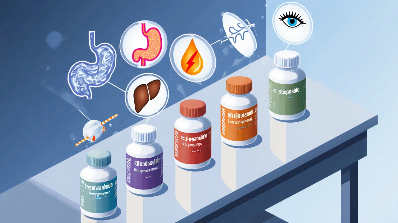 Illustrated display of TB drugs with icons for their main side effects.