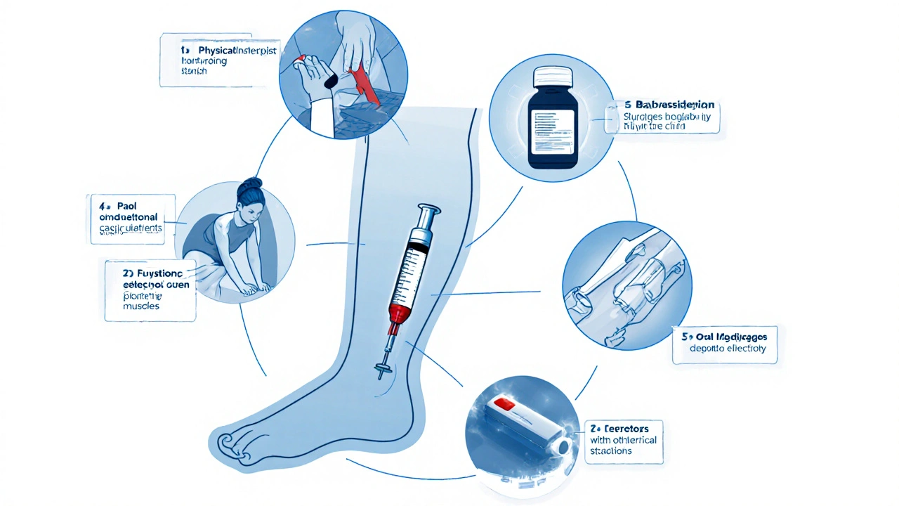 Medical illustration collage of therapy, Botox, oral meds, surgery, and electrical stimulation for spasticity.