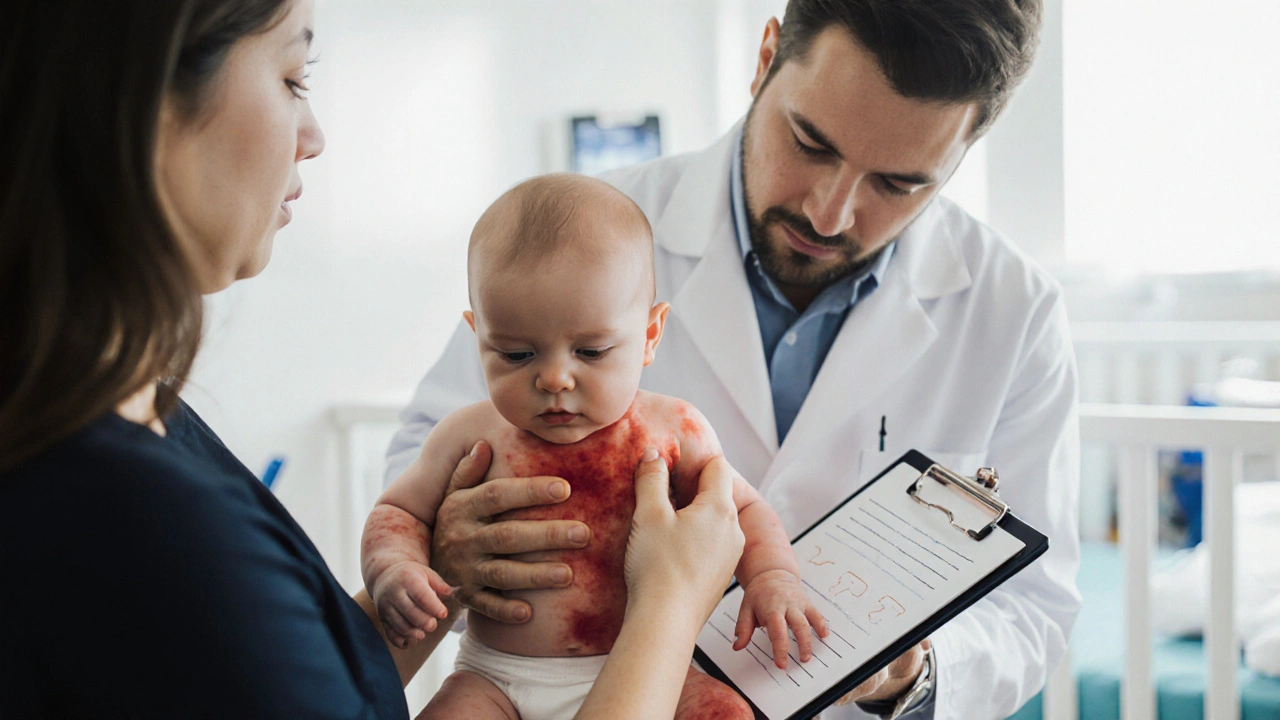 Parent and pediatrician examining a premature baby with a widespread diaper rash.
