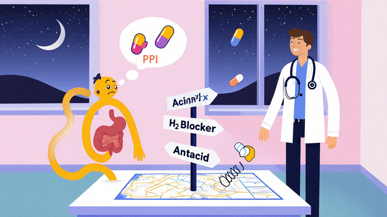 Patient and doctor look at a roadmap of pill options for acid‑reflux treatment.