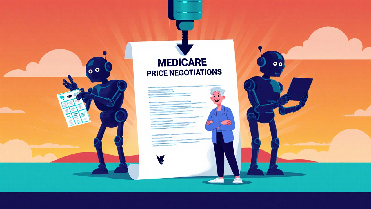 Patient beside a lowered Medicare price document with friendly agency robots in a hopeful futuristic setting.