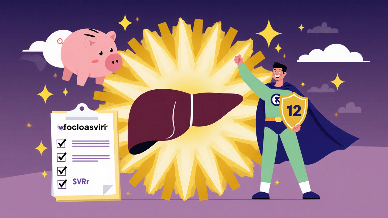 Patient with glowing liver and superhero tablet celebrate cure, with a piggy bank representing cost help.