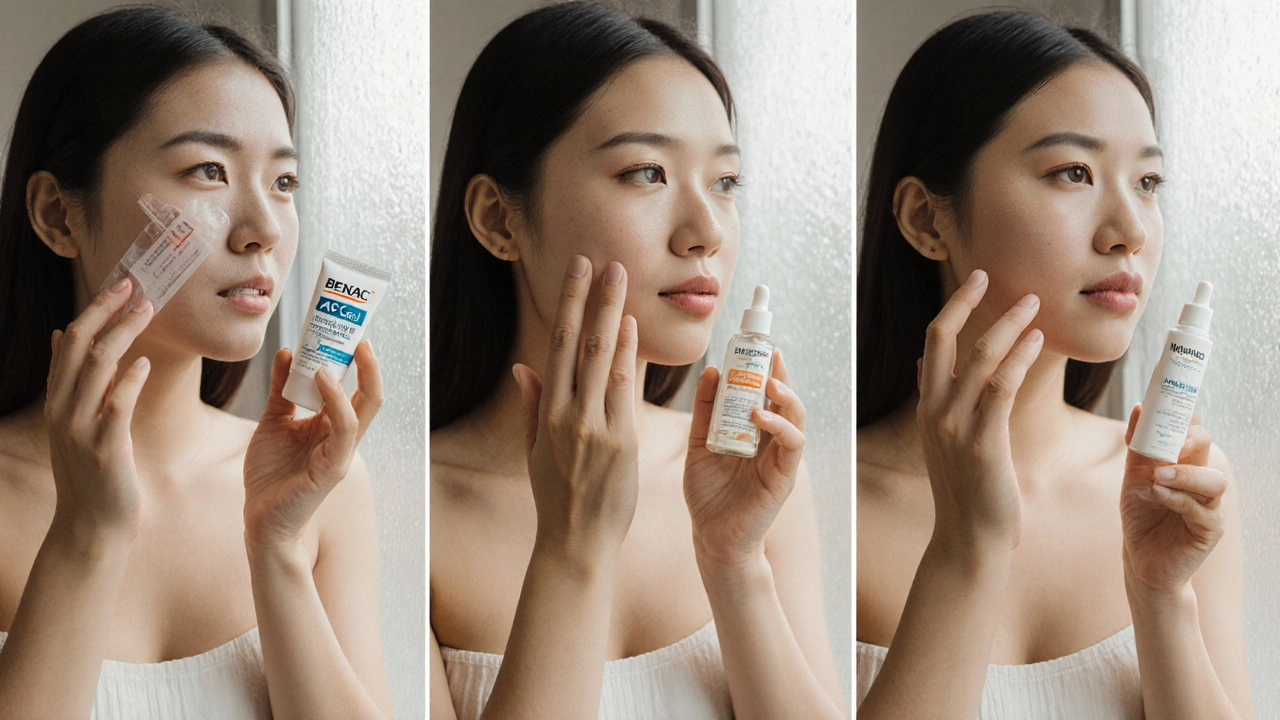 Person applying three different acne treatments in a bright bathroom, illustrating product choices.