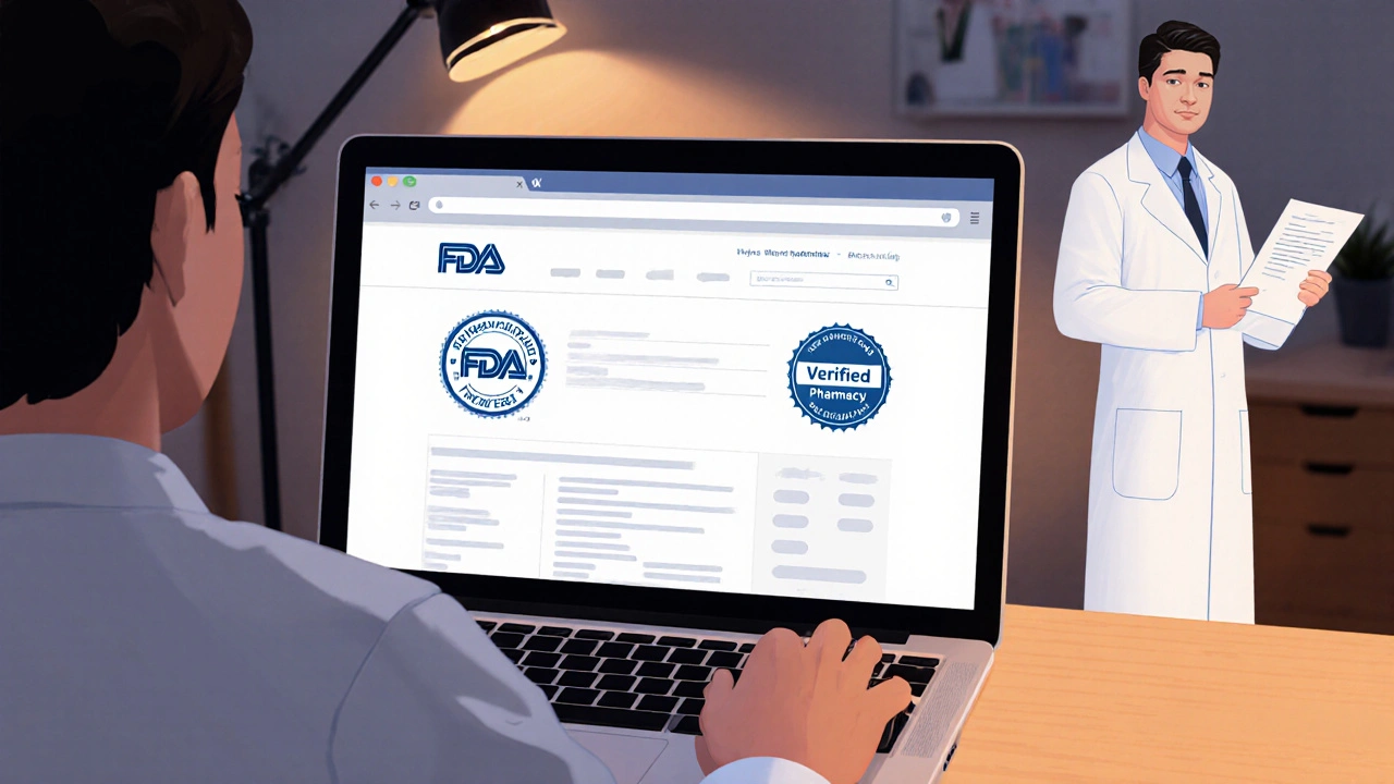 Person checking a secure online pharmacy site with a pharmacist nearby, indicating safety.