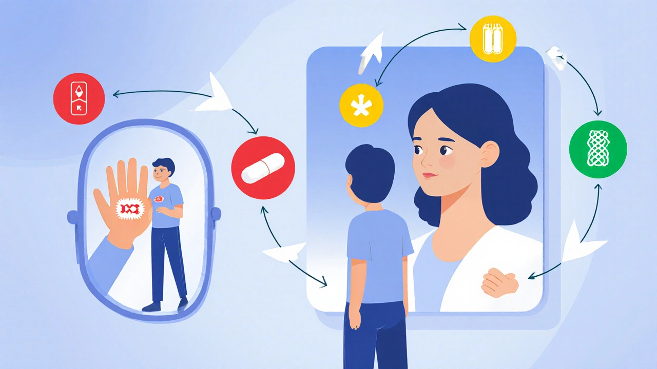 Person looking in a mirror with visual cues for choosing high‑potency or mild skin treatments.