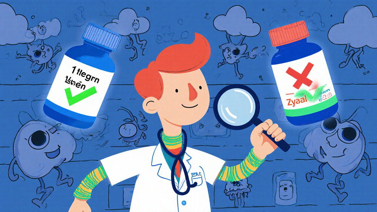 Pharmacist pointing to three pills, with green checks on safe antihistamines and red X's on risky ones.
