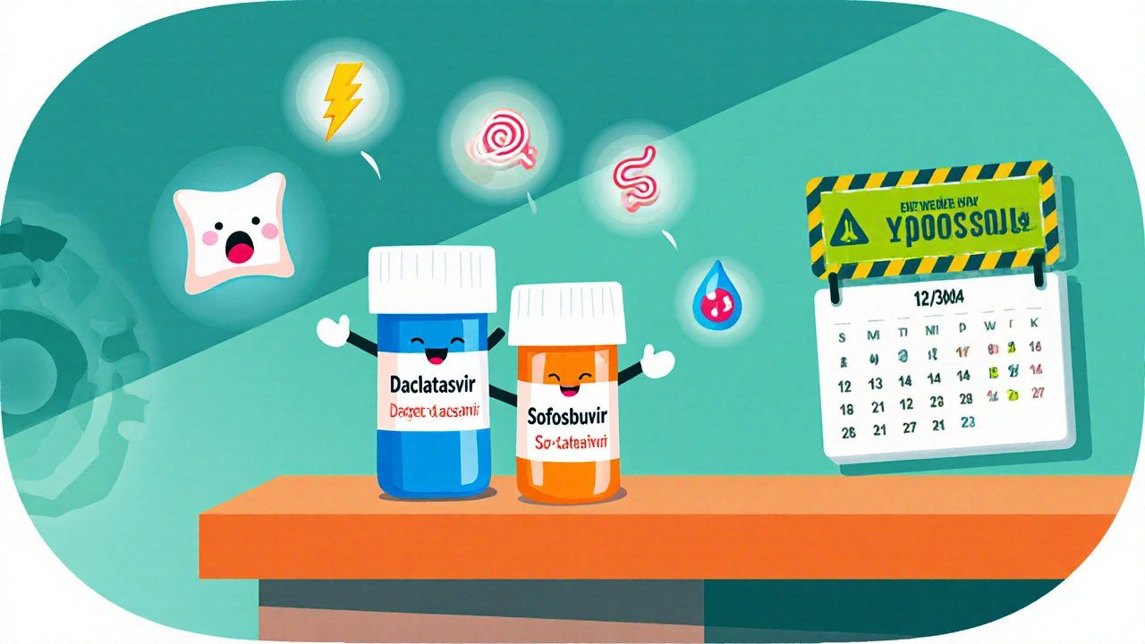 Pharmacy scene shows Daclatasvir and Sofosbuvir pills, side‑effect icons, and a CYP3A4 warning.