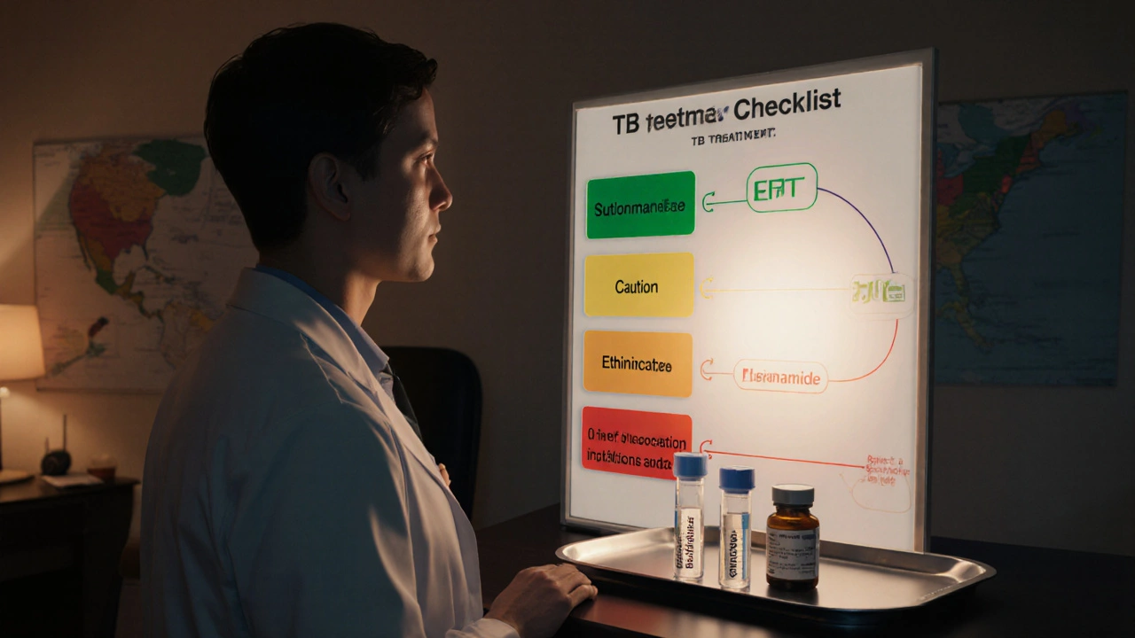 Physician examines a decision checklist board comparing Ethionamide to other TB medicines.