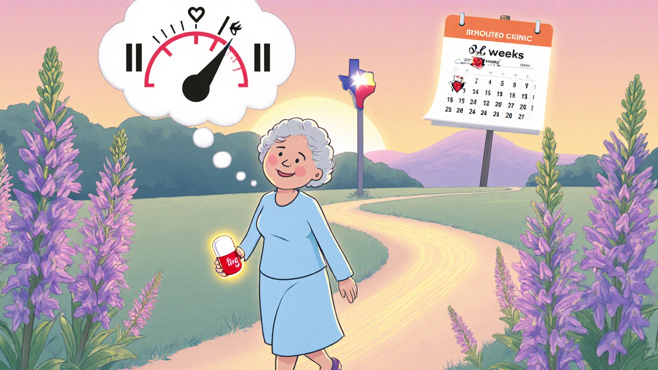 Rubber‑hose cartoon of an elderly woman walking, a glowing digoxin pill trailing, and a heart gauge improving.