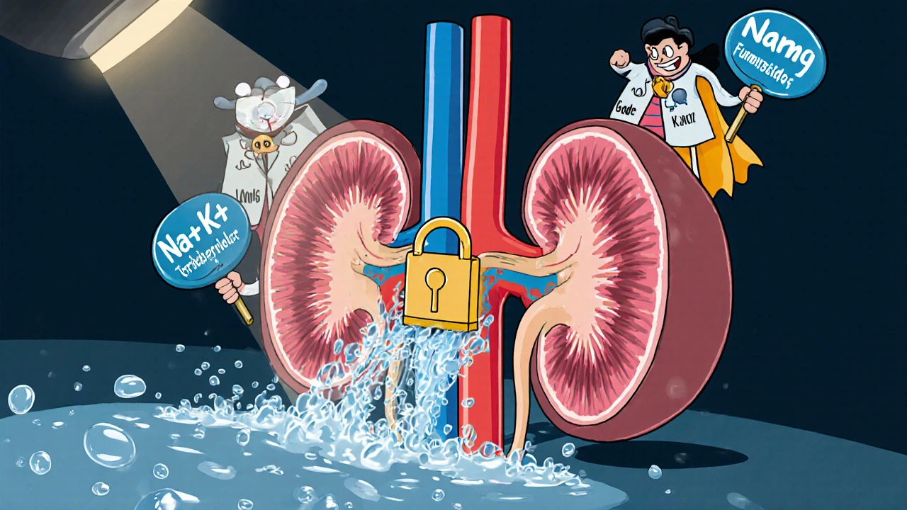 Rubber‑hose kidney diagram showing loop diuretics blocking sodium transport in the loop of Henle.