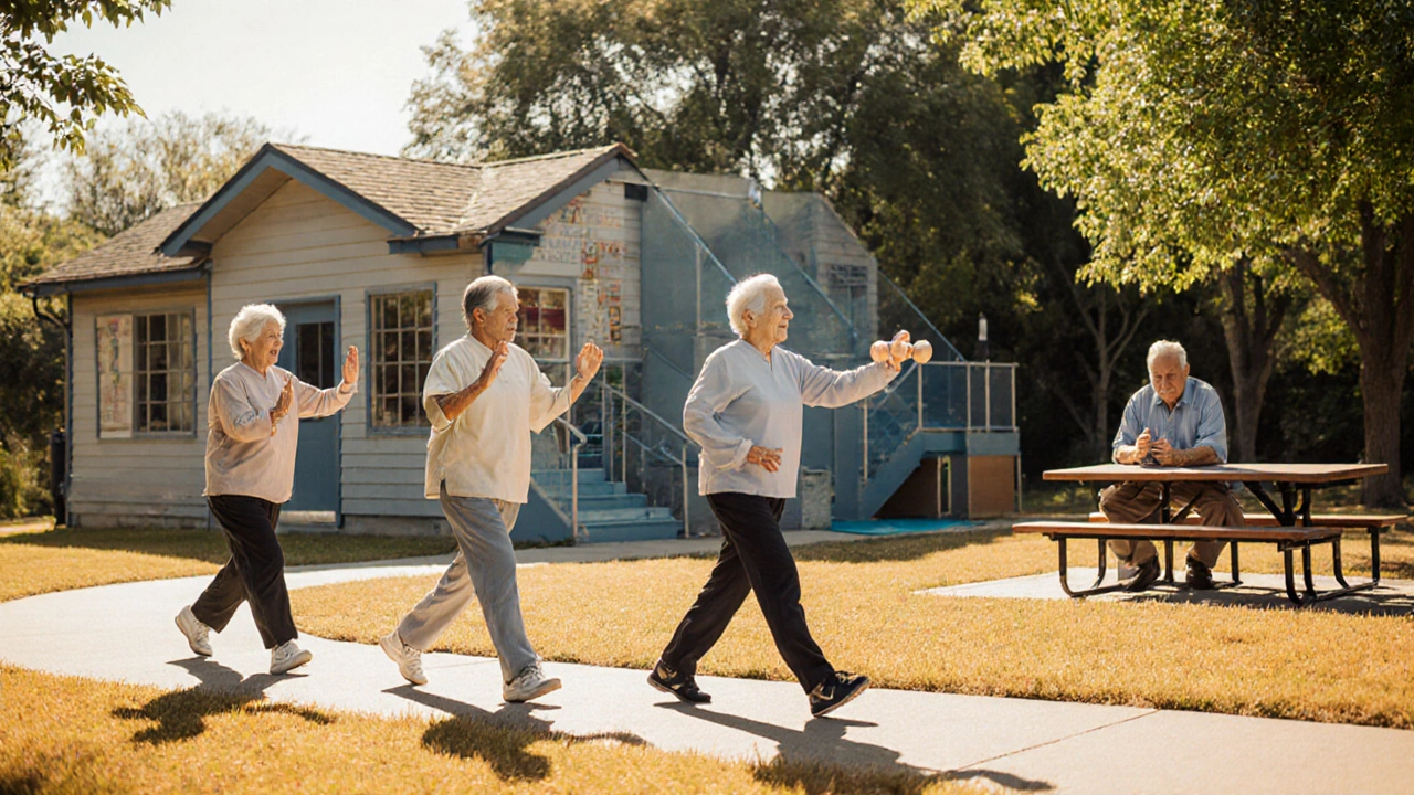 Seniors walking and exercising in a sunny park with safety features visible.