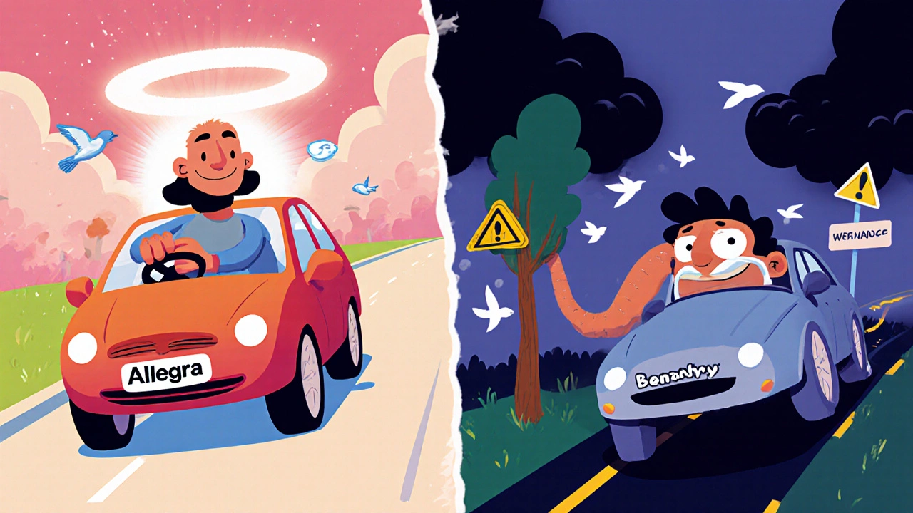 Split cartoon scene: safe driver with Allegra on calm road vs. impaired driver with Benadryl veering toward danger.