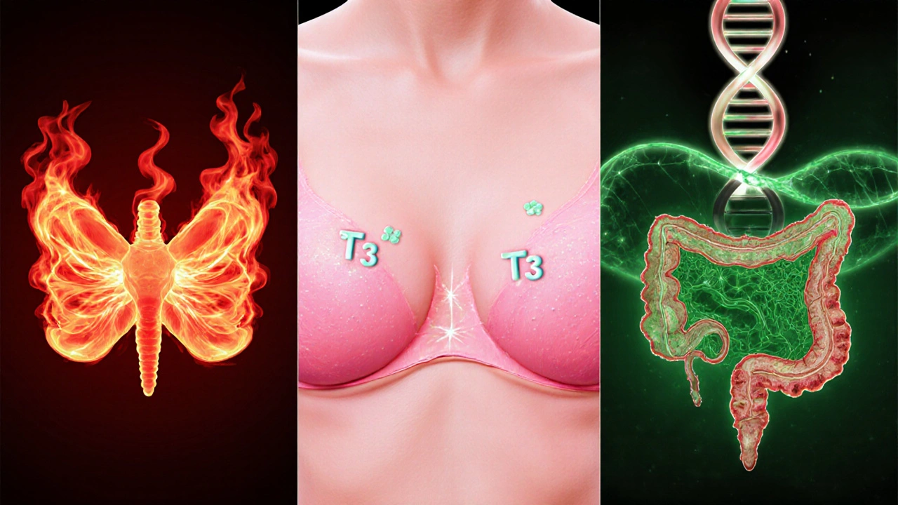 Split illustration linking thyroid, breast, and colon tissues to hormonal and inflammation effects.