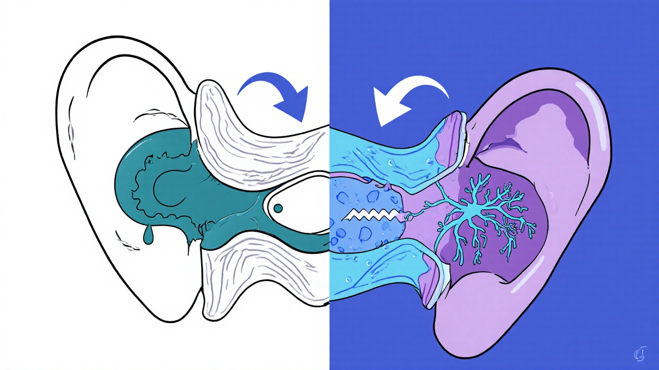 Split‑screen cartoon showing fluid‑blocked ossicles on one side and damaged inner‑ear hair cells on the other.