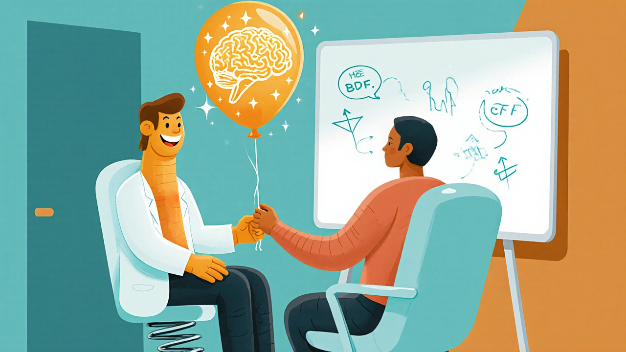 Therapist and patient in a rubber‑hose style office, brain balloon glowing with neuroplasticity sparks.
