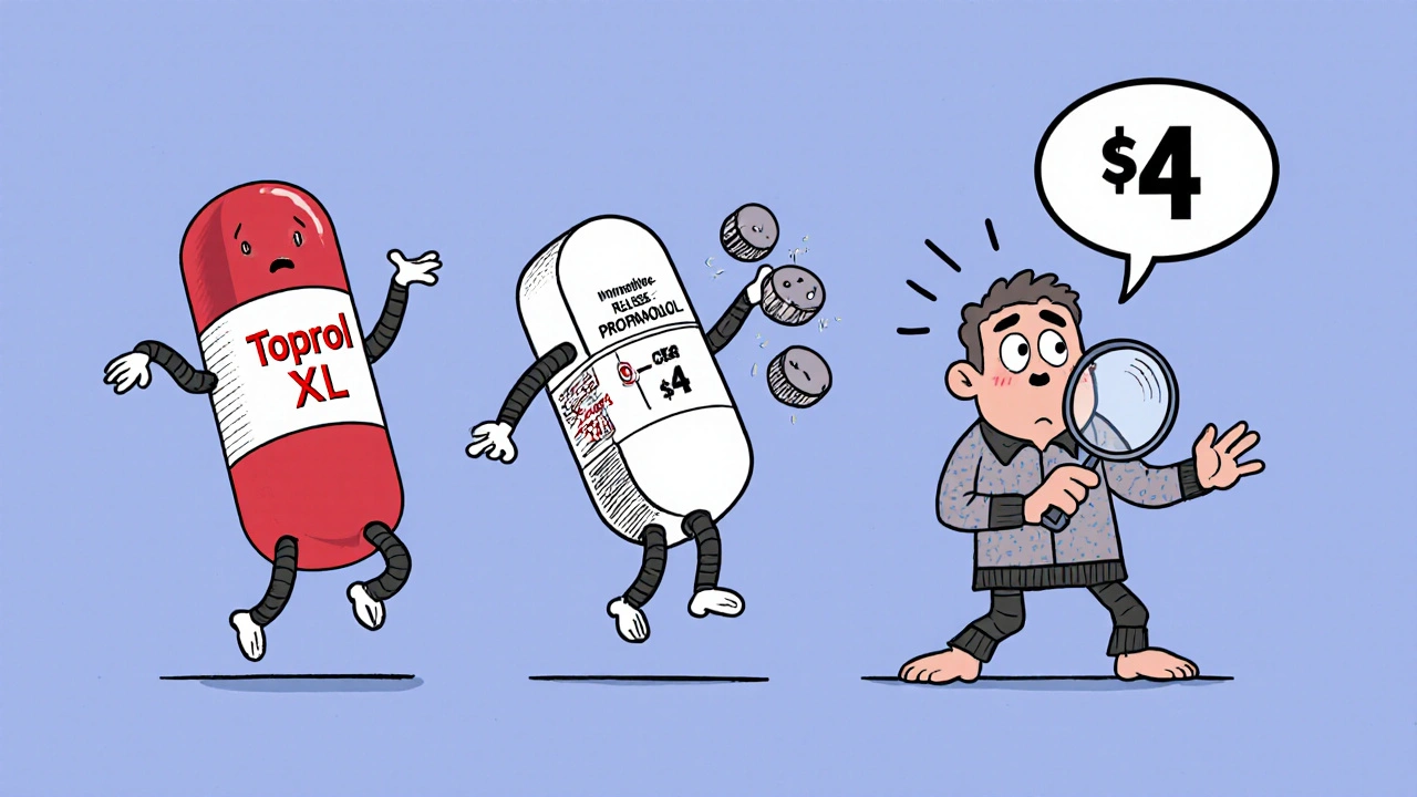 Three animated pills with faces — Toprol XL, immediate-release propranolol, and atenolol — each showing different traits and prices.