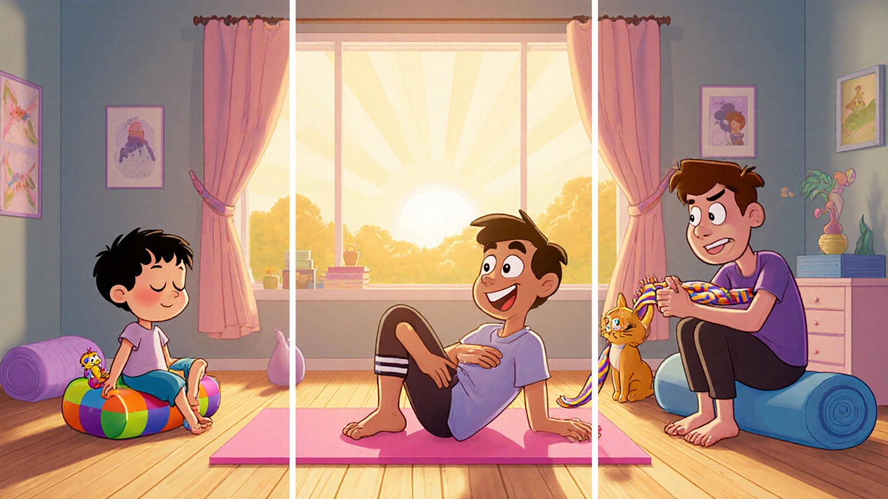 Three cartoon characters safely practicing supported child’s pose, knee‑to‑chest, and forward fold.