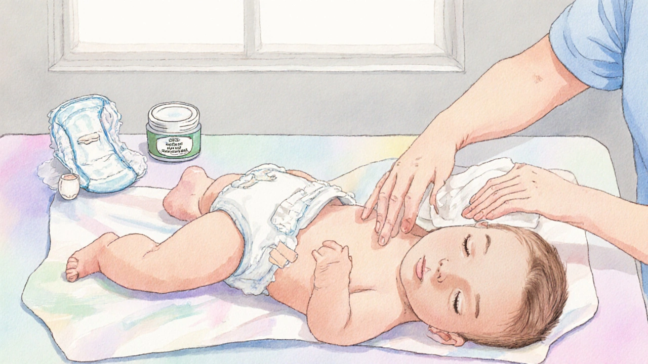 Watercolor illustration of a caregiver changing a preterm baby&#039;s diaper using wipes and ointment.