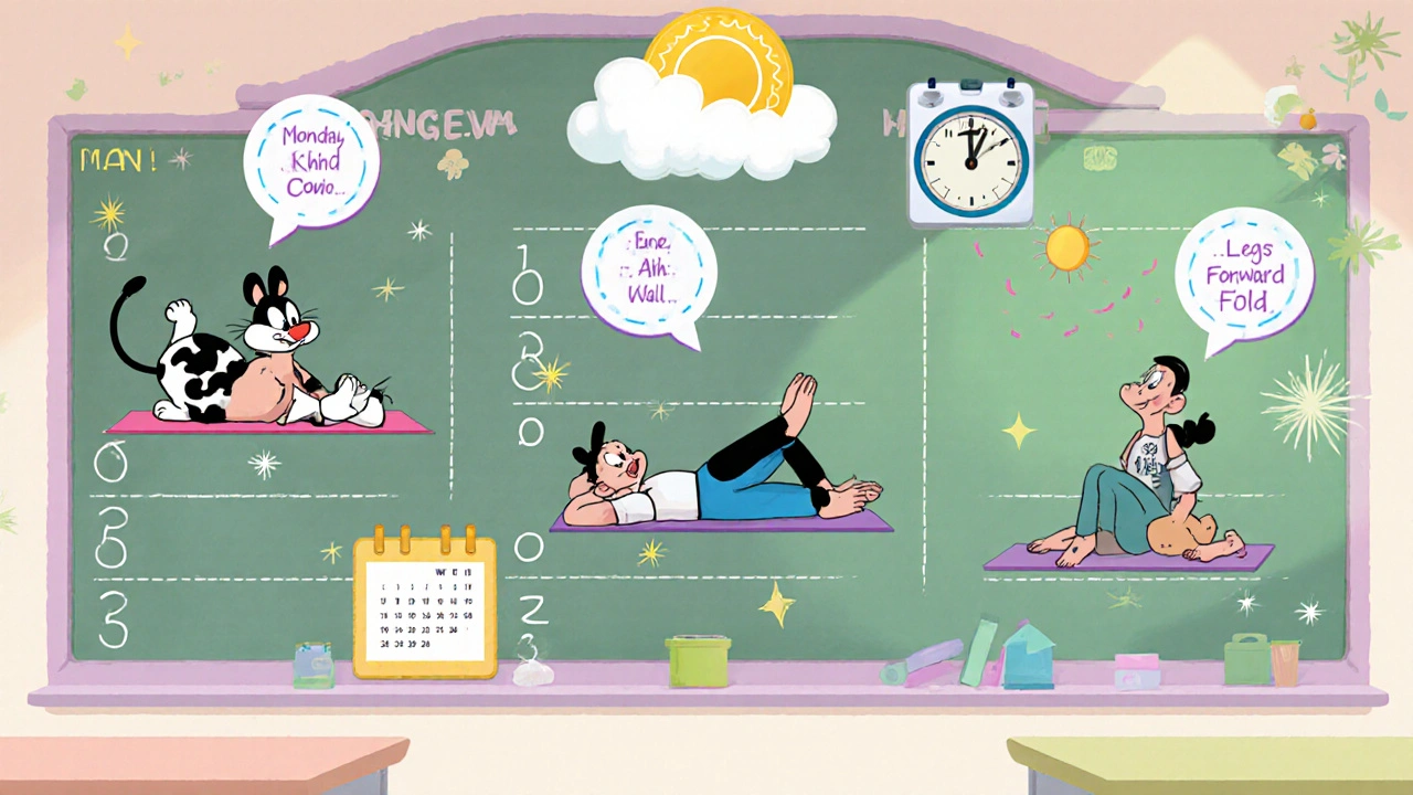 Weekly cartoon planner showing Monday, Wednesday, and Friday yoga sessions with relaxed characters.