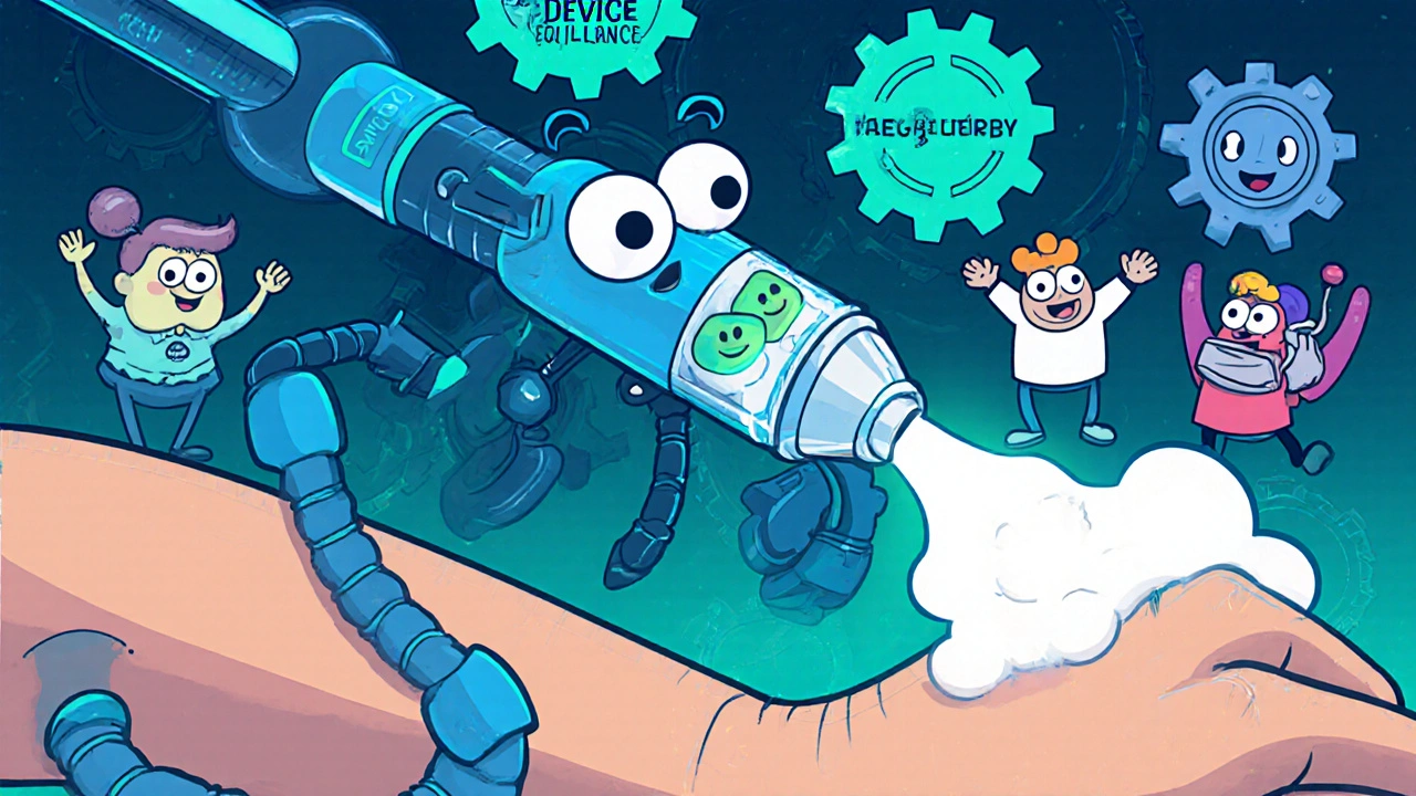 A cartoon auto-injector pen mixes two antibiotics and shoots healing light into a patient’s arm.