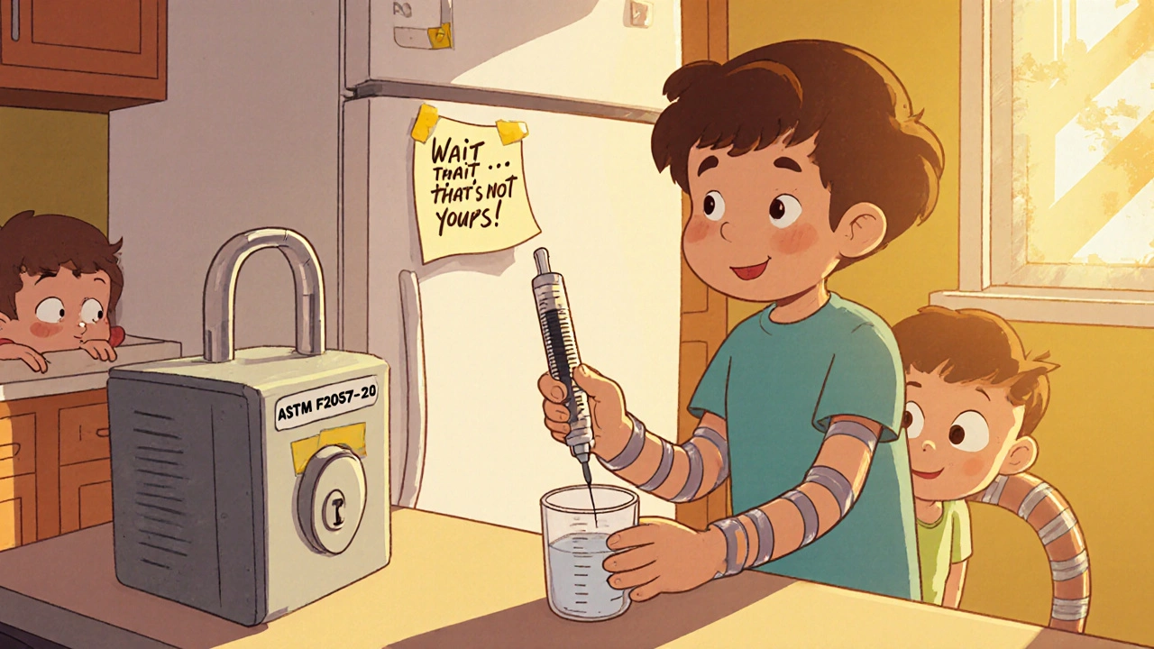 A child uses an oral syringe to measure medicine while a younger sibling watches, with a locked medicine box nearby.