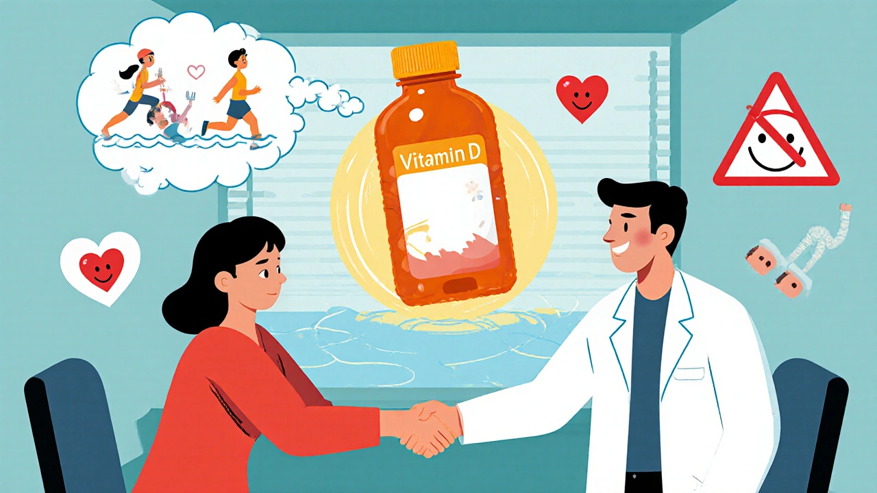A doctor and patient shaking hands with vitamin D glowing between them, and exercise icons in the background.