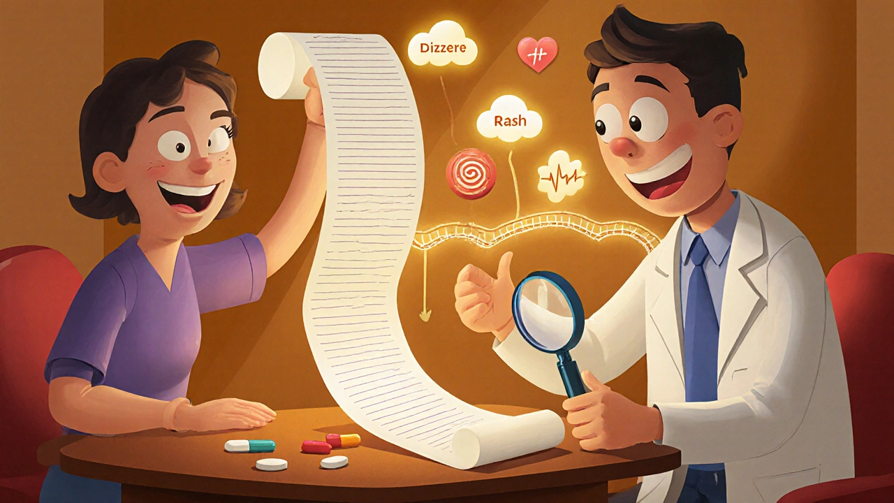 A doctor examines a winding symptom diary scroll connected to a pill-shaped table in whimsical cartoon style.